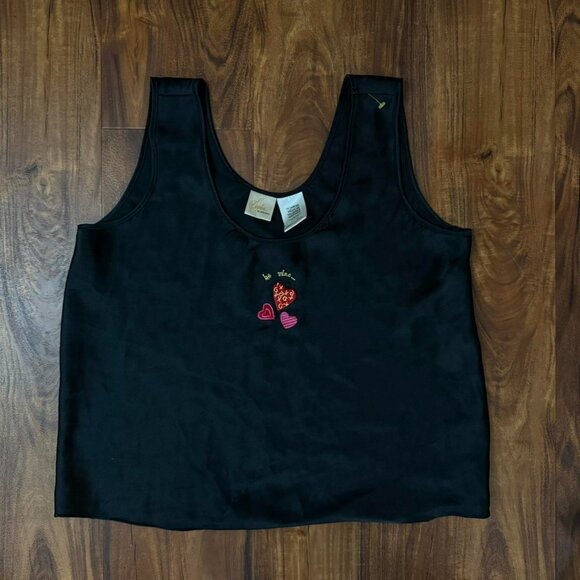 Vintage Black satin tank top Sophia by Delicates with embroidered hearts be mine - Picture 4 of 8